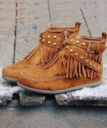Brown Tassel Splicing Suede Ankle Boots