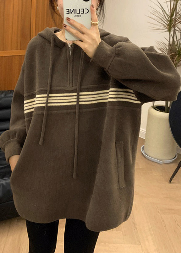 Apricot Hooded Zippered Pockets Sweatshirt Fall