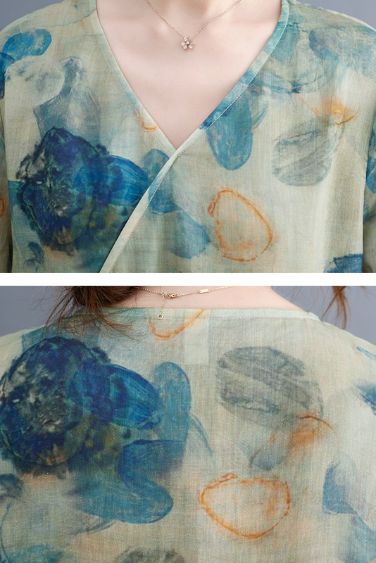 New Summer Blue Print Dress Ramie Short Sleeve Long Dress