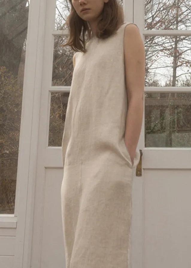 O Neck Pockets Simple Linen Long Dress Sleeveless