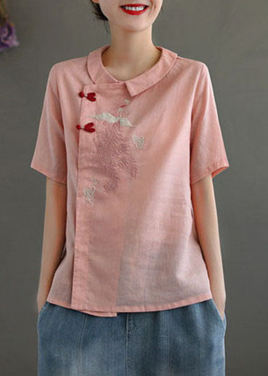 Pink Peter Pan Collar Embroidered Linen Blouse Tops Spring