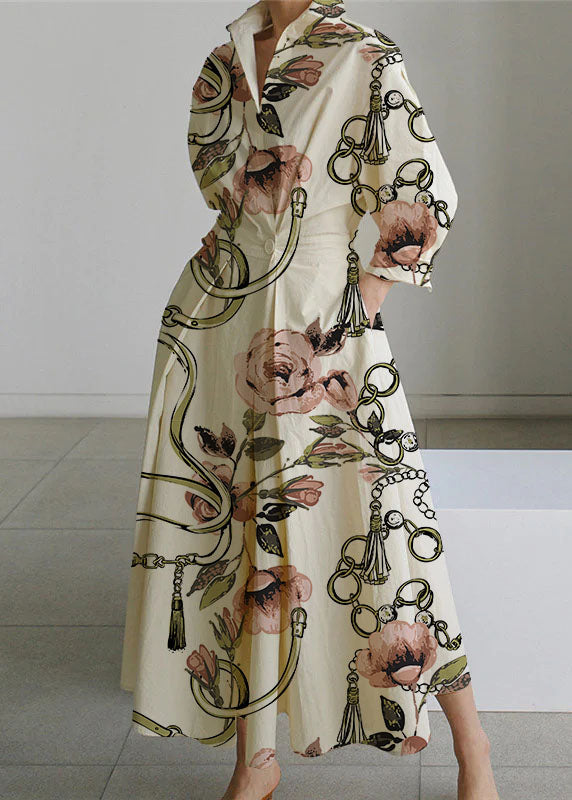 Beige Peter Pan Collar Pockets Cotton Dress Long Sleeve