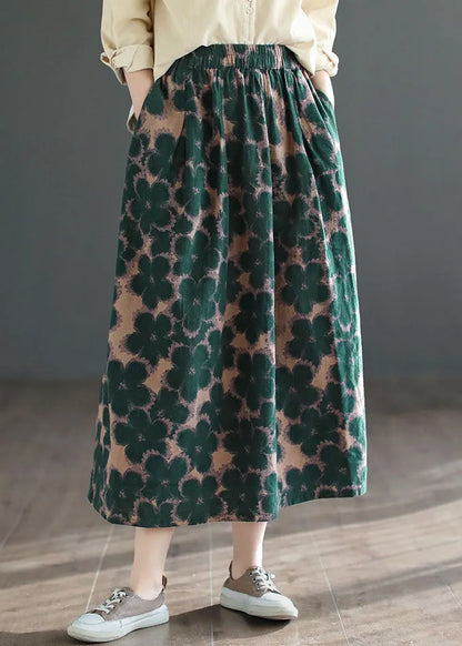 Green Wrinkled Pockets Print Patchwork Cotton Skirts Summer