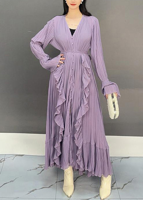 Purple V Neck Ruffled Long Dresses Flare Sleeve