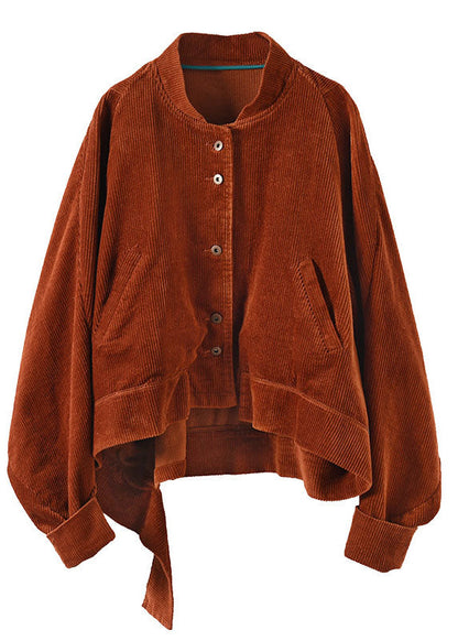 Caramel Pockets Button Asymmetrical Design Fall Corduroy Coat
