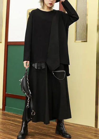 Asymmetric Cotton Linen Tops Black Shirts O Neck Patchwork