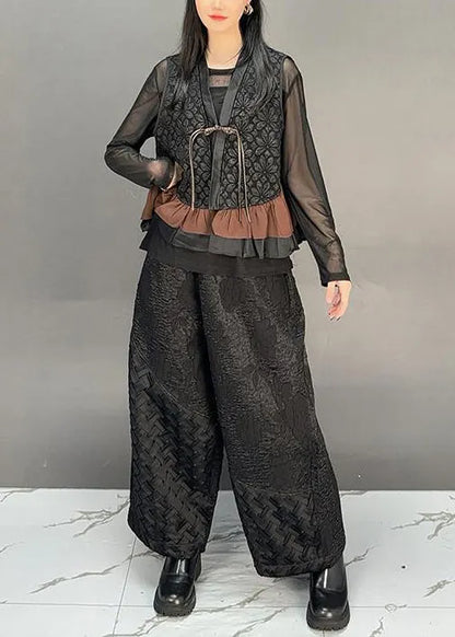 Brown V Neck Tassel Ruffled Cotton Vest Fall