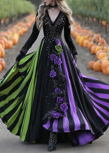 V Neck Striped Print Cotton Long Dress Fall