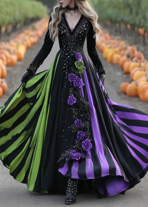 V Neck Striped Print Cotton Long Dress Fall