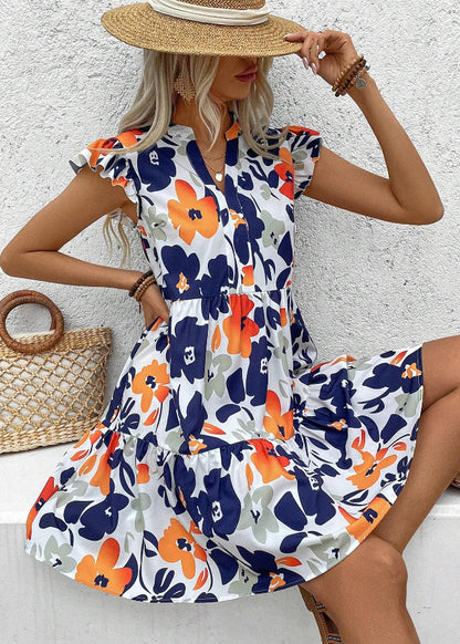 White V Neck Print Cotton Dresses Butterfly Sleeve