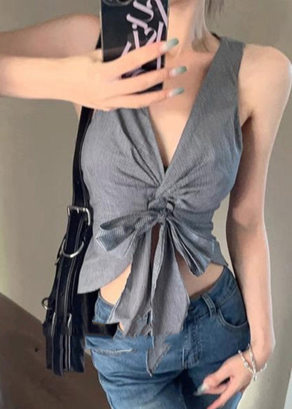 Grey V Neck Tie Waist Vest Summer