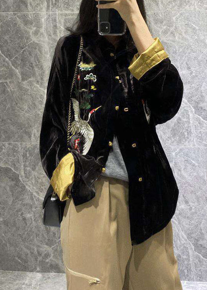 Black Mandarin Collar Embroideried Velour Coats Long Sleeve