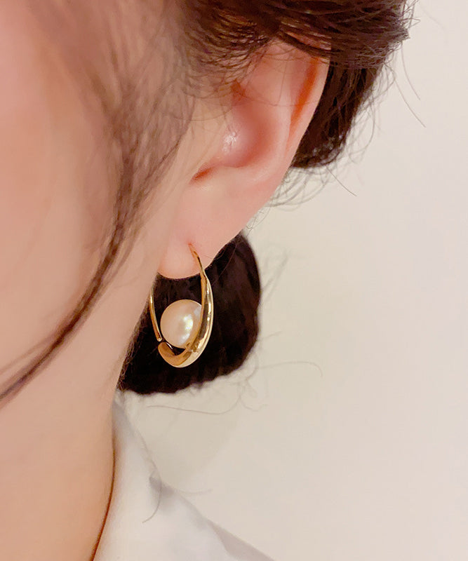 Regular Gold Copper Overgild 14k Gold Zircon Pearl Hoop Earrings