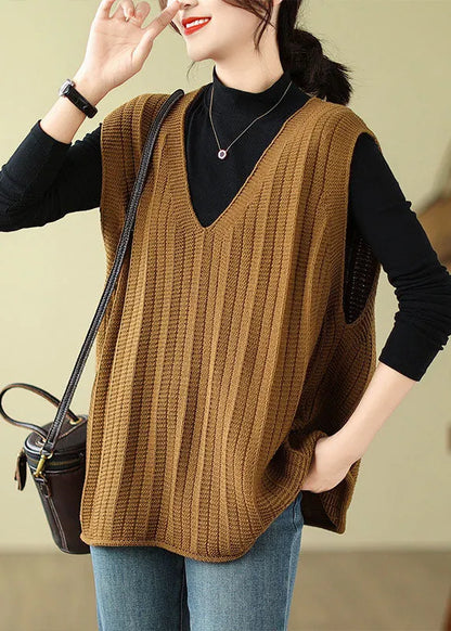 Loose Coffee V Neck Cozy Knit Waistcoat Fall