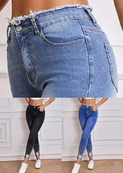 Blue Hole Pockets Denim Summer Pants High Waist