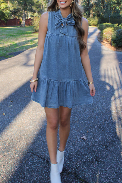 Street Color Lace Up Ruffle Bow Decor Sleeveless Loose Denim Dresses
