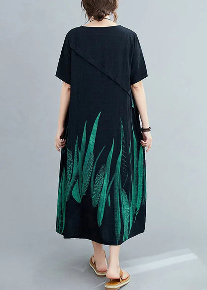 Loose Black O-neck Print Linen Maxi Dress Short Sleeve