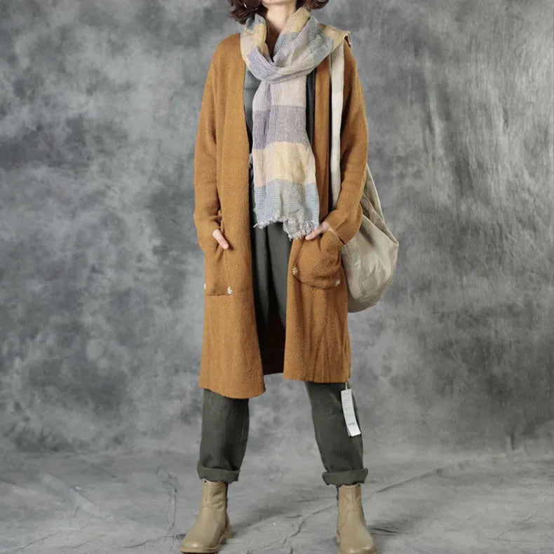 Brick Red Knit Pockets Embroideried Fall Cardigan Long Sleeve