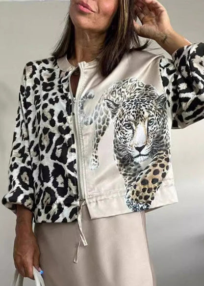 Black Leopard Zip Up Drawstring Short Coat Fall