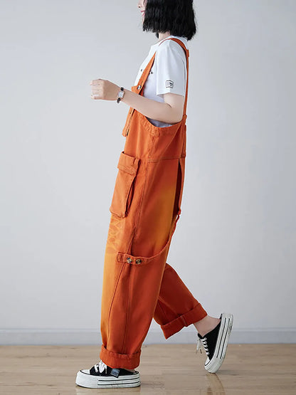 Spliced Washed Denim Loose Jumpsuits