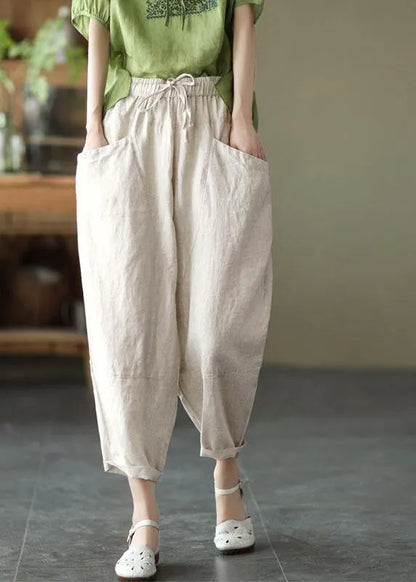 Art White Stripes Tie Waist Pockets Summer Harem Pants Linen