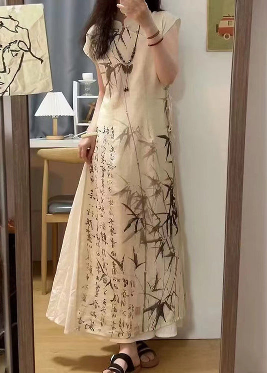 Chinese Style Bamboo Ink Painting Lace Up Dress for Summer
