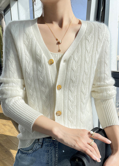 Italian Pink V Neck Cable Wool Knit Cardigans Fall