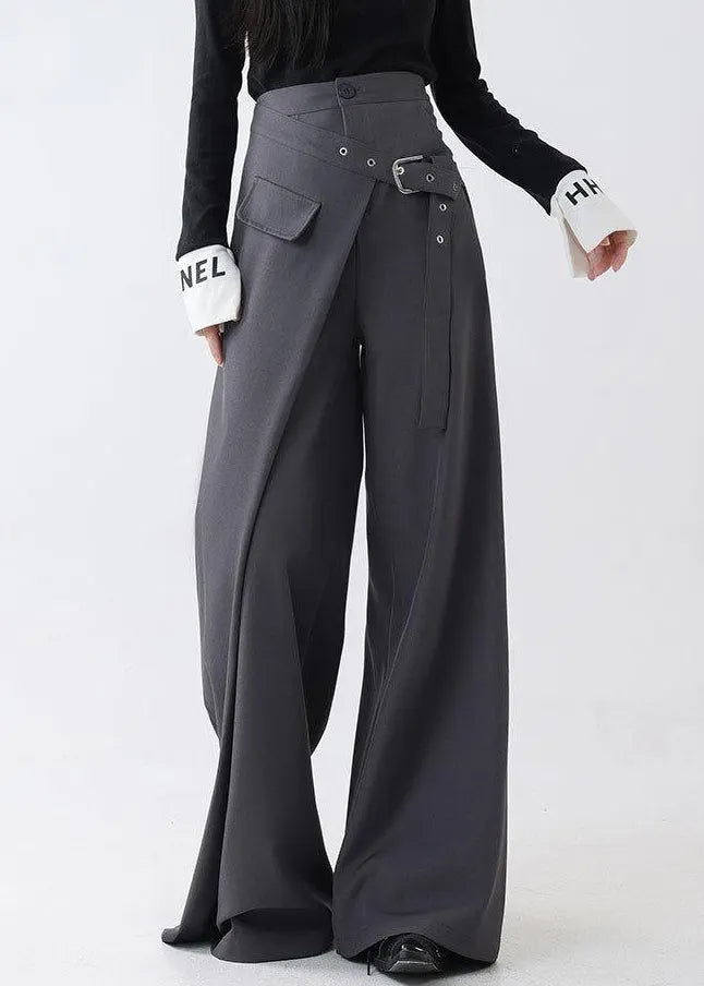 Grey False Two Pieces Spandex Fall Wide Leg Pants Pockets
