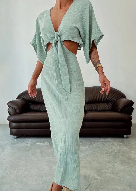 Blue V Neck Hollow Out Cotton Dresses Summer