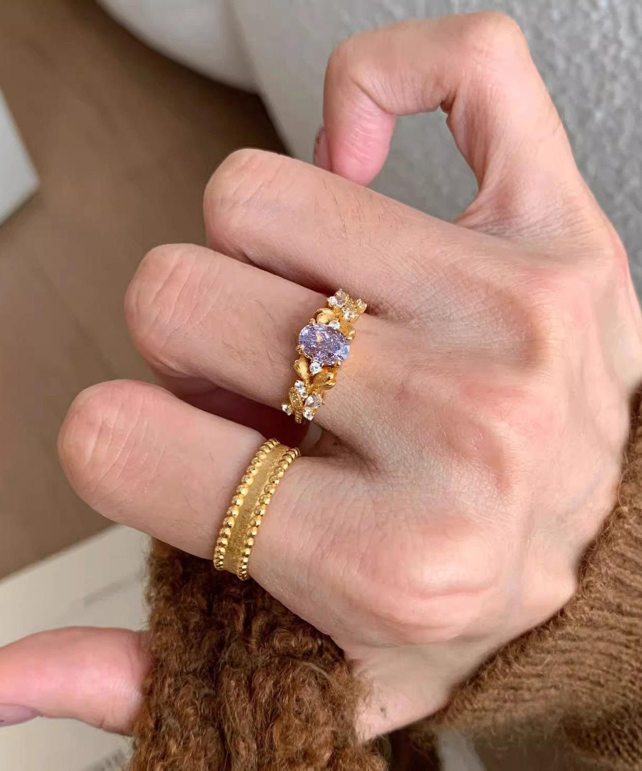 Retro Gold Sterling Silver Overgild Zircon Rings Two-piece Set