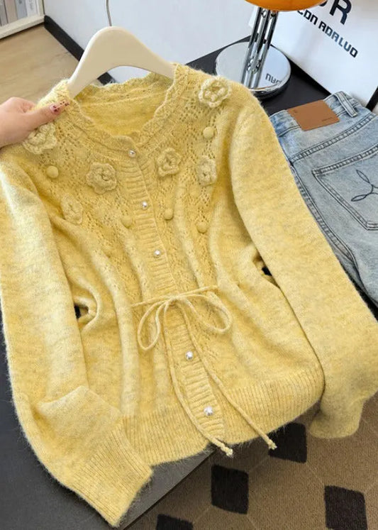 Boutique Yellow Hollow Out Knit Cardigans Spring