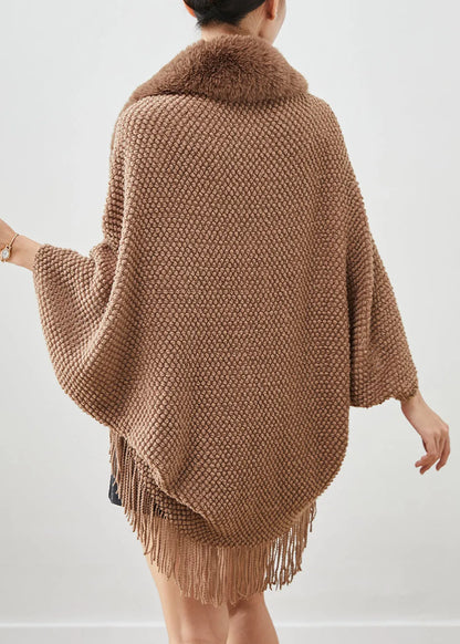 Brown Fur Collar Tasseled Knit Cardigans Fall