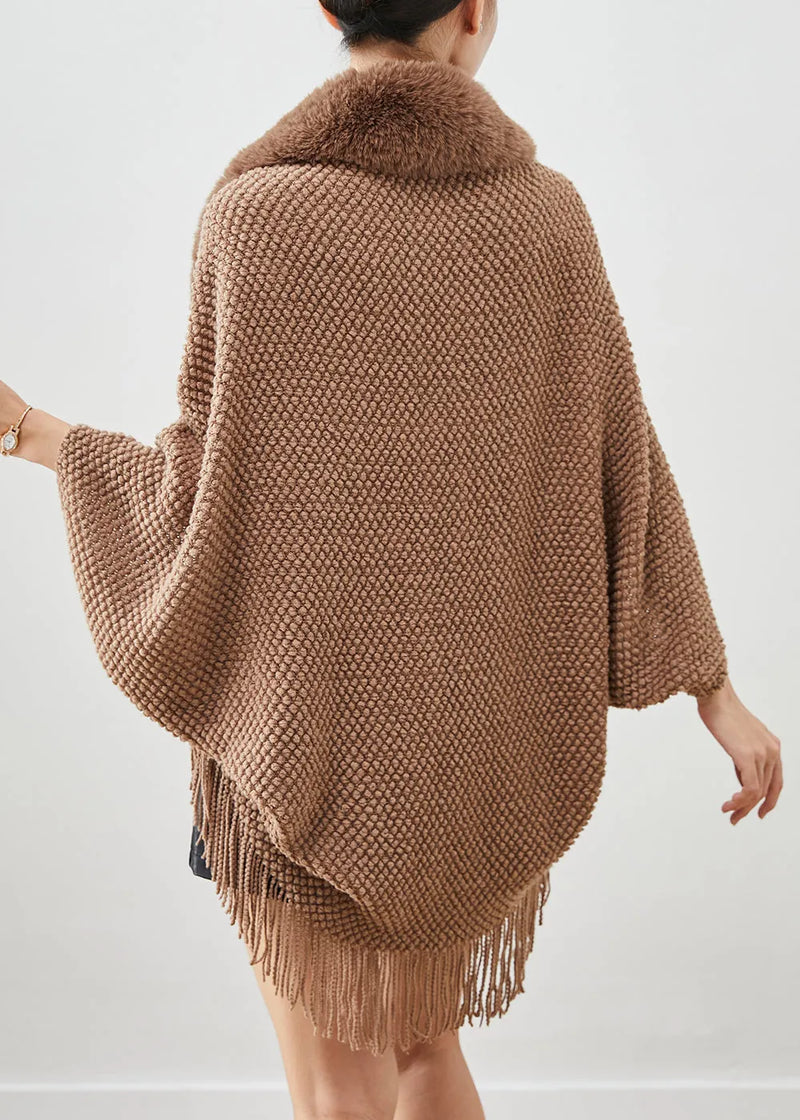 Brown Fur Collar Tasseled Knit Cardigans Fall