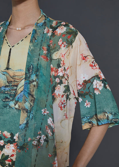 Apricot Print Chiffon Fake Two Piece Dress Summer