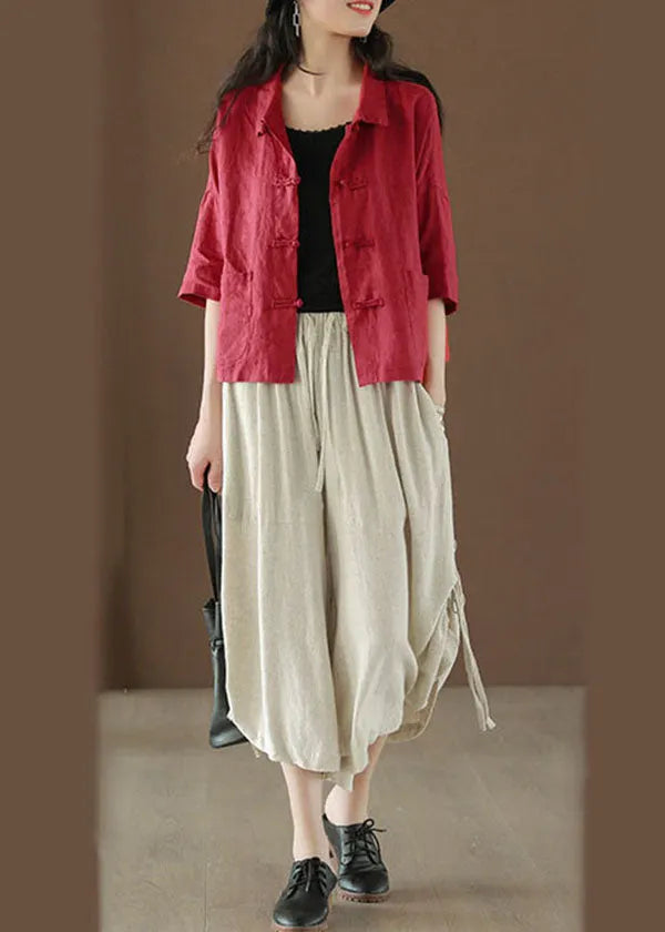 Classy Red Peter Pan Collar Oriental Button Linen Shirt Bracelet Sleeve