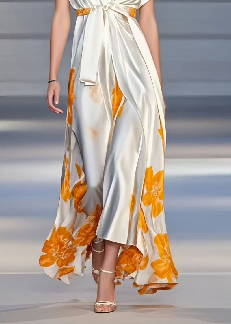 White V Neck Print Silk Cinched Dress Summer
