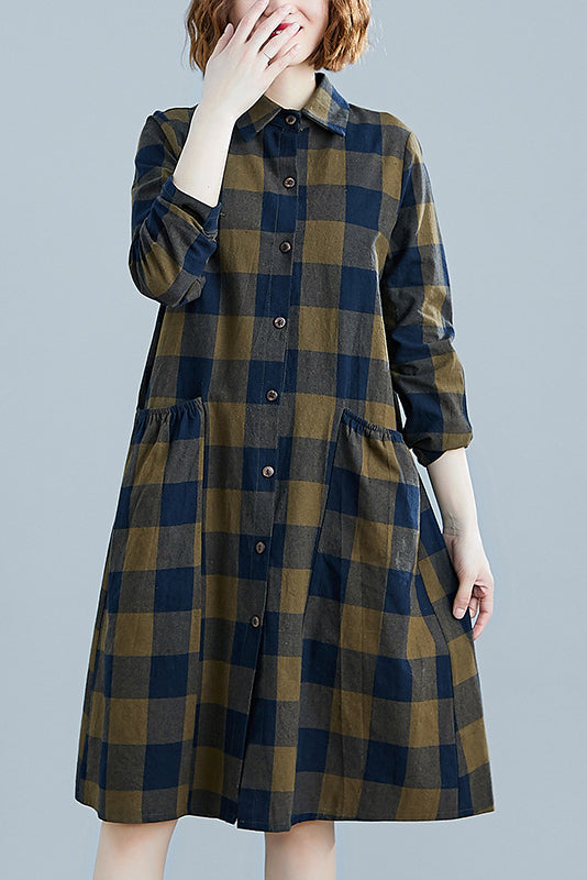-retro Long-sleeved Shirt Cotton Linen Plaid Dress