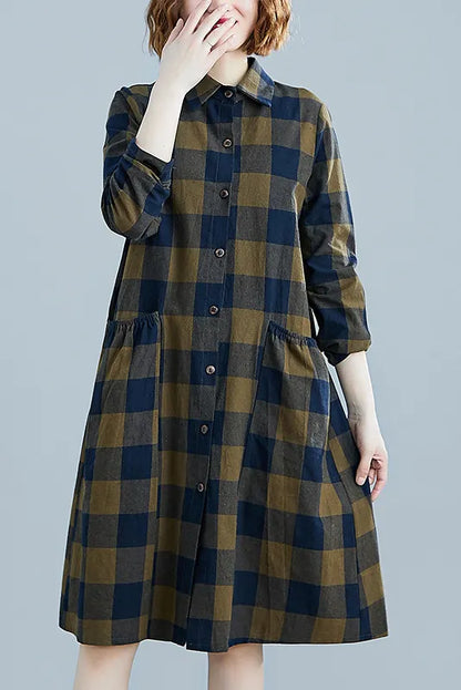 -retro Long-sleeved Shirt Cotton Linen Plaid Dress