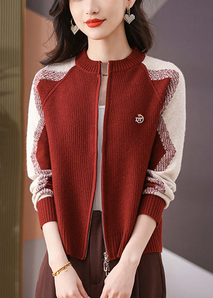 New Red O-neck Zip Up Patchwork Knit Coats Long Sleeve