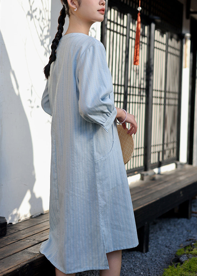 Baby Blue O Neck Jacquard Cotton Dress Spring