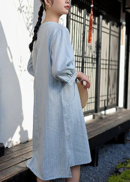 Baby Blue O Neck Jacquard Cotton Dress Spring