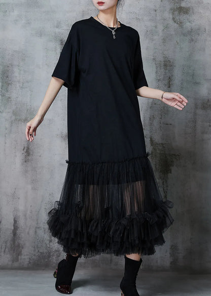 Black Oversized Patchwork Cotton Party Dress Summer