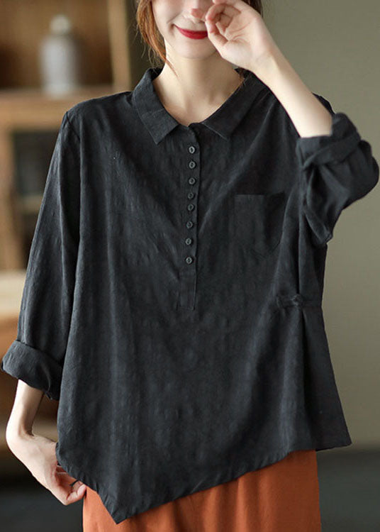 Black Button Asymmetrical Design Fall Shirt Long Sleeve