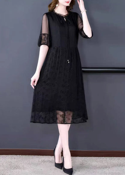 French Black Embroidered Lace Up Silk Cotton Long Dresses Summer