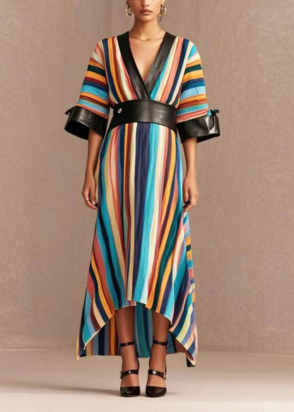 Rainbow Cinched Patchwork Pu Cotton Long Dress Summer