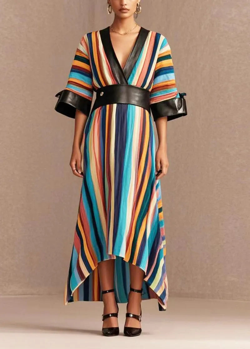 Rainbow Cinched Patchwork Pu Cotton Long Dress Summer