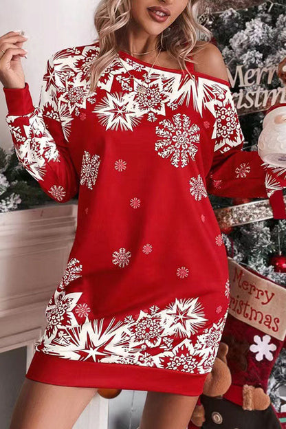 Christmas Snowflake Cold-Shoulder Loose Sweatshirt Mini Dress