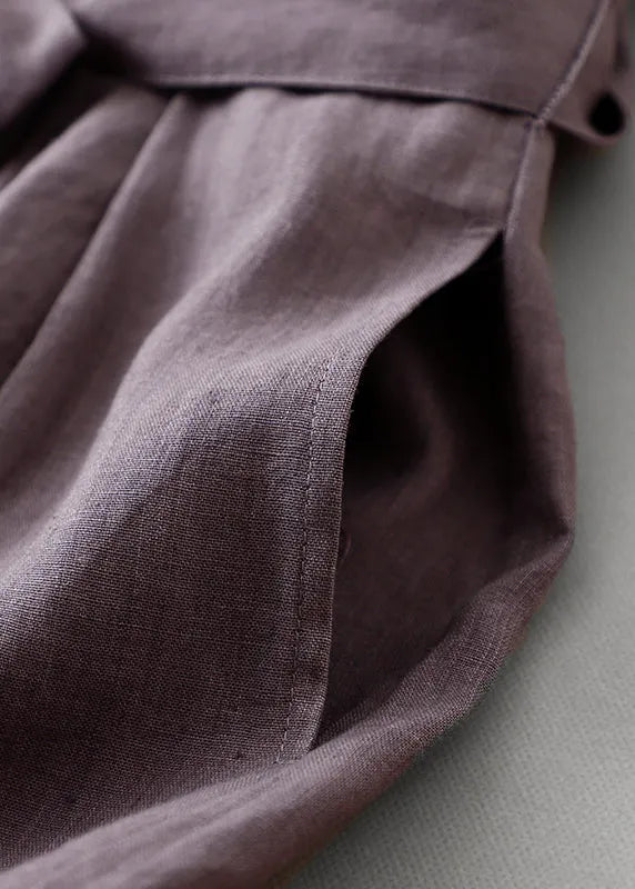 Purple O Neck Tie Waist Pockets Linen Long Dress Summer