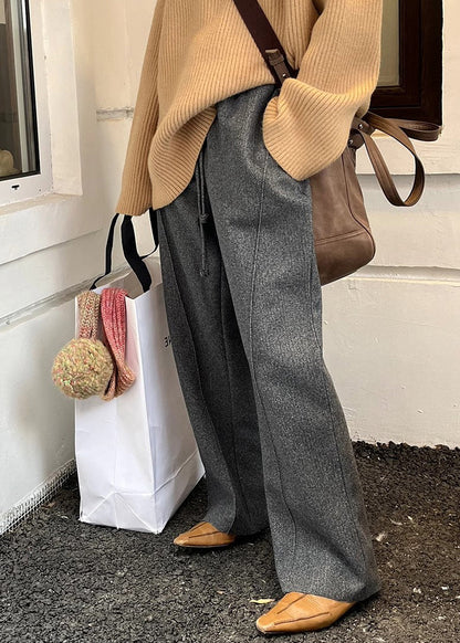 Grey Pockets Woolen Pants Elastic Waist Winter