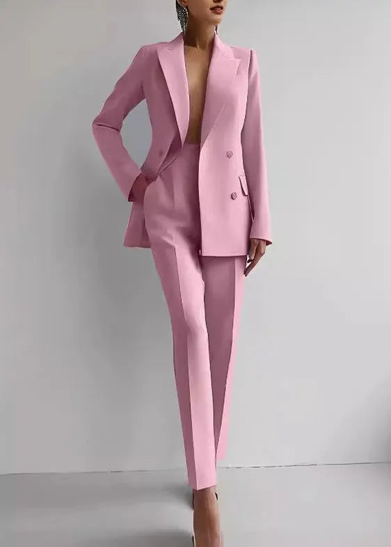 Apricot Peter Pan Collar Suit Coat and Pants Two Pieces Set Fall